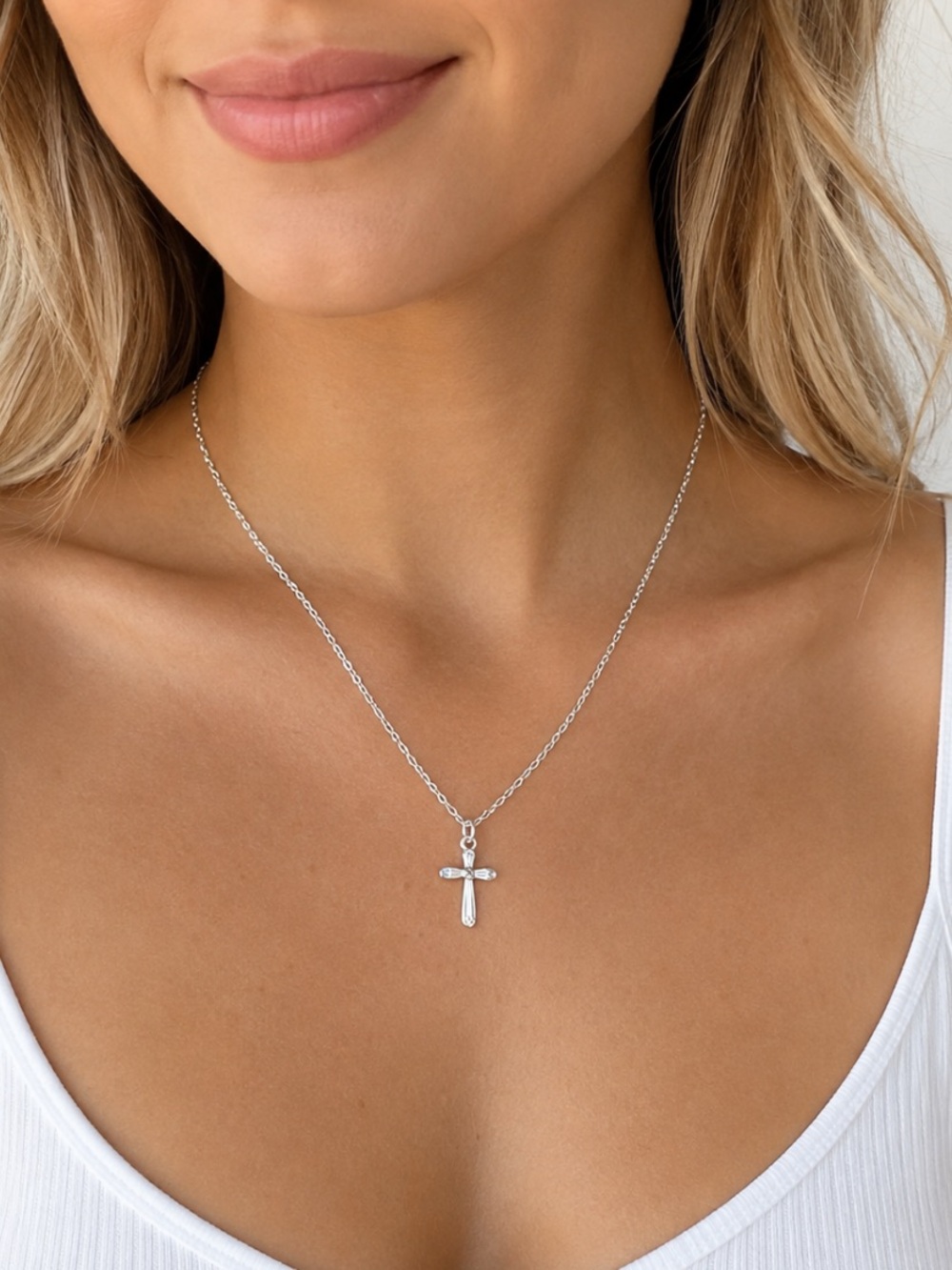 Delicate Silver Cross Necklace with Crystal Accent
